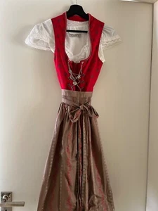 Dirndl Midi Angermaier München Rot Beige Baumwolle Bluse Schürze XS 34 - Bild 1 von 6