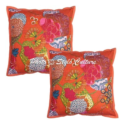 Ethnic Cushion Cover Bohemian Kantha 18 x 18 in Hippie Sofa Car Pillow Case - Image 1 of 4