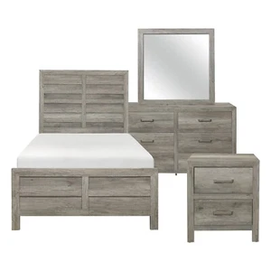 RUSTIC WEATHERED GREY FAUX WOOD PLANK TWIN BED NS DRESSER BEDROOM FURNITURE SET - Picture 1 of 11