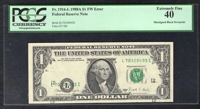 FR. 1916-L 1988-A $1 FW FRN “MISALIGNED BACK OVERPRINT ERROR” PCGS EF-40 - Image 1 of 2
