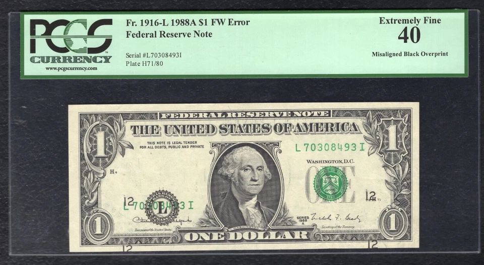 FR. 1916-L 1988-A $1 FW FRN “MISALIGNED BACK OVERPRINT ERROR” PCGS EF-40 - Image 1 of 2