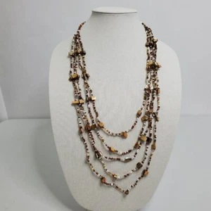 Beaded Necklace Shell Brown Mother Of Pearl Multi Strand Long Statement Layered - Picture 1 of 7