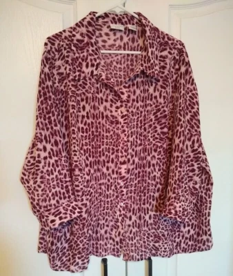 Blusa Covington Mujer Talla Grande 24-26 Púrpura Rosa Leopardo Cuello Abotonado Foto 1 de 4