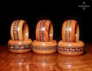 Six Sorrento Ware Olive Wood Inlaid Napkin Rings, Tunbridge Style, Antique - Picture 1 of 15