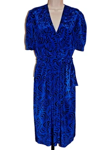 Vintage 80s Royal Blue and Black Pleated Top V-Neck Puff Sleeve Handmade Dress - Picture 1 of 6