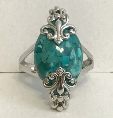 Vintage Art Deco Turquoise Cocktail Ring Size 7 8 9 Aqua Stone Silver Plated - Image 1 of 4