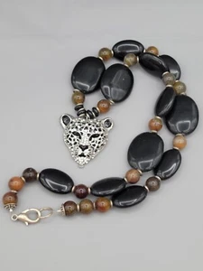 Glass Beaded Necklace Jaguar Pendant Black Brown Silver Tone Rhinestone 26" - Picture 1 of 16