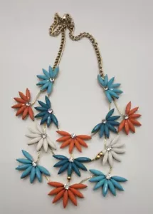 Vintage Blumen Perlen Latz goldfarbene Halskette Blütenblätter türkis blau orange weiß - Bild 1 von 6