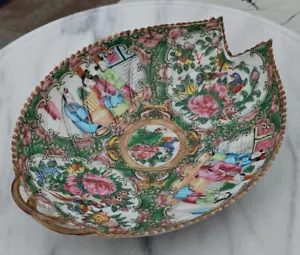 ROSE MEDALLION NOTCHED LEAF DISH BOWL CHINESE ANTIQUE QING PERIOD - Picture 1 of 21
