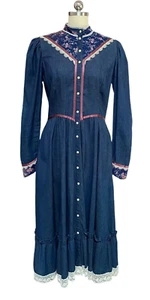 Vintage Gunne Sax Denim Floral Boho Prairie Western Long Sleeve Midi Dress Sz 13 - Picture 1 of 9