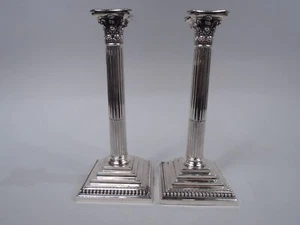 Victorian Candlesticks Antique Column English Sterling Silver Hutton 1889 - Picture 1 of 9