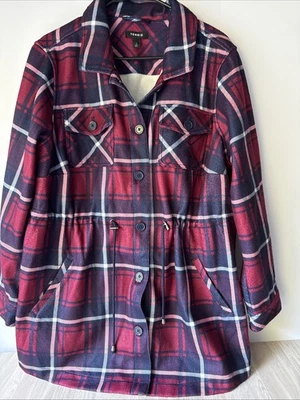 Torrid Plaid Flannel Shacket Button Up Pockets Cinched Waist Berry Size 2 - Image 1 of 4