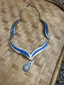 TAXCO 925 Sterling Turquoise Mosaic Inlay Teardrop Collar Necklace 15" READ - Picture 1 of 3