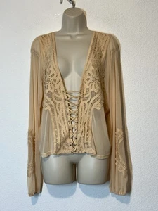 New Y2K Sheer Peach Crochet Embroidered Top Blouse XXL Fairy Boho Festival - Picture 1 of 12
