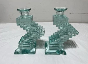 Yehuda Parmat Uda Aqua Teal Stacked Art Glas Kerzenhalter Paar Signiert MCM - Bild 1 von 23
