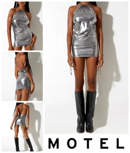 Motel Nowa Mini Dress Size M Short Sexy Halter Tie Backless Party Holiday Silver - Picture 1 of 5
