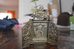 VINTAGE CHRISTLICH-ORTHODOXES TRIPTYCHON JUNGFRAU MARIA HEILIGER DEMETRIUS HEILIGER GEORGE - Bild 1 von 14