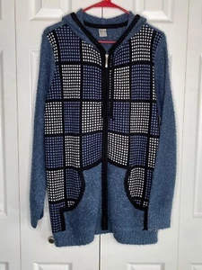 Cardigan Sweater Zip-up Hooded Long Sleeve Pockets Check Blue Unbranded sz 10 - Picture 1 of 4