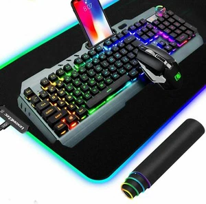 Rechargeable Wireless Gaming Keyboard+Mouse+RGB Mat RGB Backlit 2400 DPI Silent - Picture 1 of 14