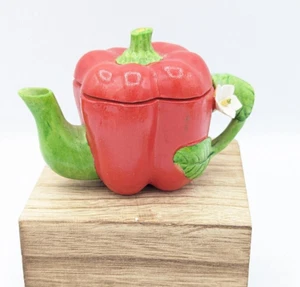Ceramic Mini Tea Pot Red & Green Bell Pepper Green Leaf Handle With White Flower - Picture 1 of 8