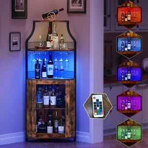 5-Tiers LED Corner Bar Cabinet Industrial Wine Liquor Cabinet with LED Lights - Picture 1 of 13