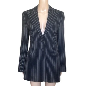 Escada Black Pinstripe Blazer Wool Silk Blend Made in Italy Size 34 XS US 4 - Picture 1 of 16