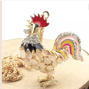 Betsey Johnson Necklace Rooster Crystals Gold Cock Enamel Gift Bag Organza Box - Picture 1 of 5
