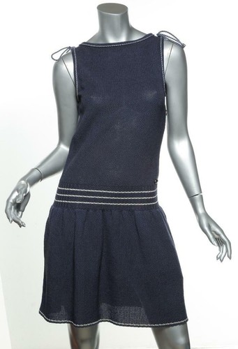 Abito corto CHANEL donna blu navy cotone maglia senza maniche fiocco corda FR36 US4