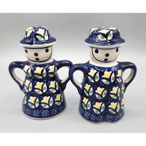 Handmade Polish Pottery Blue & Yellow Man & Woman Ceramic Salt & Pepper Shakers - Picture 1 of 7