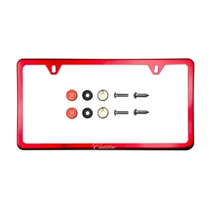 Fit Cadillac Laser Etching Stainless Steel Polish Red Slim License Frame w/Cap - Picture 1 of 4