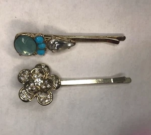 2 Jeweled Hair Pins Teal Blue embellished - Picture 1 of 4