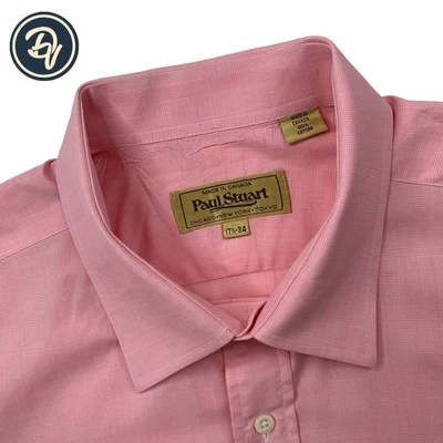 Mens 17 X 34 Paul Stuart Light Pink Mini Plaid  Cotton Dress Shirt - Image 1 of 4