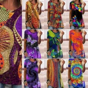 Long Tops Shirts Blouse Tunic Summer T-shirt Pullover Ladies Print Tee Plus Size - Picture 1 of 26