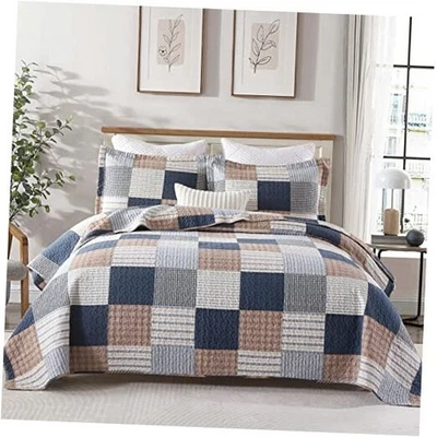  Juego de edredón tamaño queen, 100 % algodón queen queen (90"x98") azul marino/marrón/blanco Foto 1 de 4