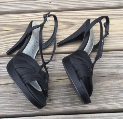 WHBM Black Satin heels crossover pleated design leather sole Sz 7 - Image 1 of 4