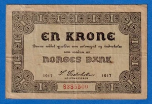 Norway 1 Krone 1917 P-13a(1) Circulated Note - 8385500  (without Prefix)  RARE - Picture 1 of 2