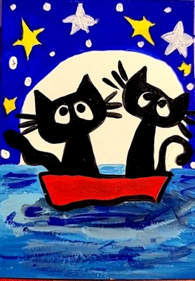 ACEO ОРИГИНАЛЬНЫЙ КОТ «ЗВЕЗДЫ ПОЛНАЯ ЛУНА ОКЕАН ПРОГУЛКА» акрил и гуашь картина новый  - Изображение 1 из 2