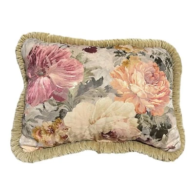 Vintage Brocade Throw Pillow Velvet Piping 20x15” Taupe Gold Pink Burgundy Green - Image 1 of 2