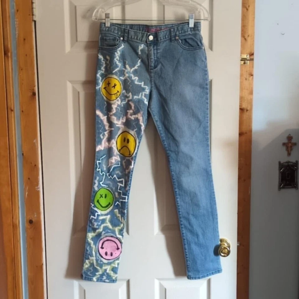Children's Place Super Skinny Sz 16 Embellished Jeans Painted Emogies Blue Denim - Image 1 of 4