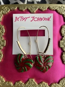 Betsey Johnson Red Green Peppermint Swirl Glitter Enameled Gold Heart Earrings - Picture 1 of 3