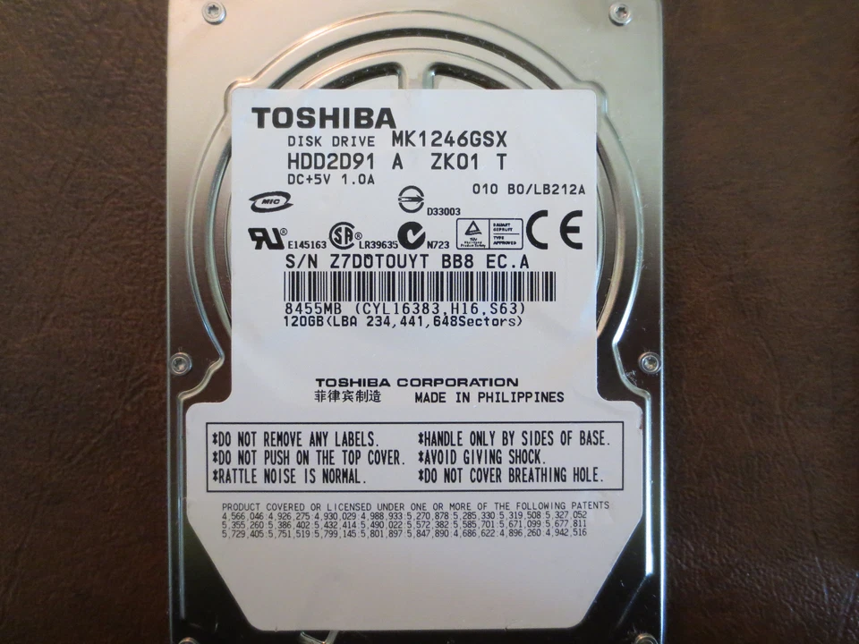 Toshiba MK1246GSX (HDD2D91 A ZK01 T) 010 B0/LB212A 120gb 2.5" Sata HDD   - Image 1 of 1