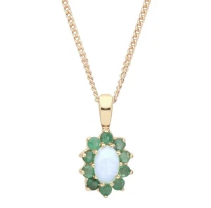 9ct Gold Natural Opal & Emerald Cluster Pendant NECKLACE 18" Chain Solid 9K NEW - Picture 1 of 6