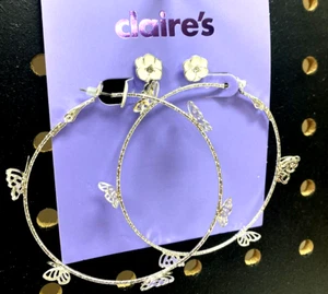 Claire’s Girls 2 Pair of Silver Earrings White Flower Studs & 3D Butterfly Hoops - Picture 1 of 4