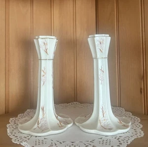 Vintage Belleek Pottery Ireland 7th Mark Thorn Floral Candlestick Holders Pair - Picture 1 of 7