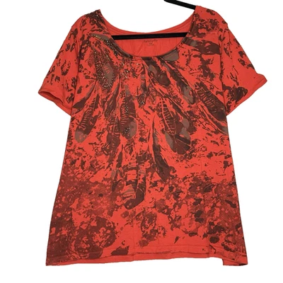 Top Relativity 2X Camisa Naranja Quemado Plumas Manga Corta Cuello Redondo Elástico Foto 1 de 4