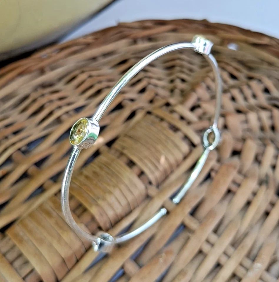 黄色黄水晶袖口手镯手工纯银可调节手链 — 第 1/4 张图片