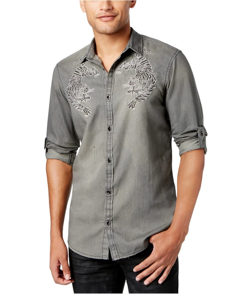 I.N.C Mens Embroidered Bengal Tiger Button Up Shirt, blackwash, 2XL Neck - Image 1 of 1