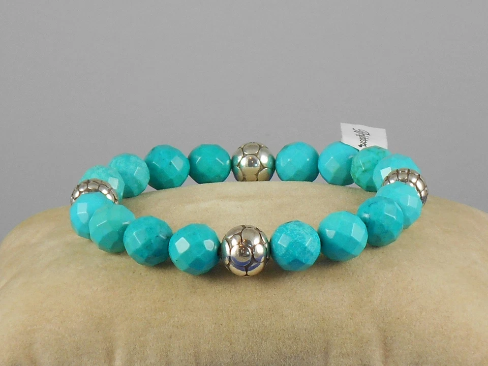 Brighton Silver Plated PEBBLE DOT Turquoise Beaded Stretch Bracelet $88 - Image 1 of 2