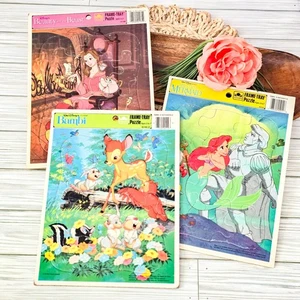 🧩 VTG Puzzle Bundle of 3 Disney Golden Frame-Tray Bambi Little Mermaid Belle - Picture 1 of 5