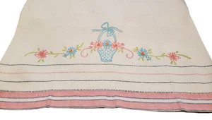 Vintage Tea Towel Kitchen Souvenir Hand Embroidered Flowers Basket A32-16 # - Picture 1 of 3